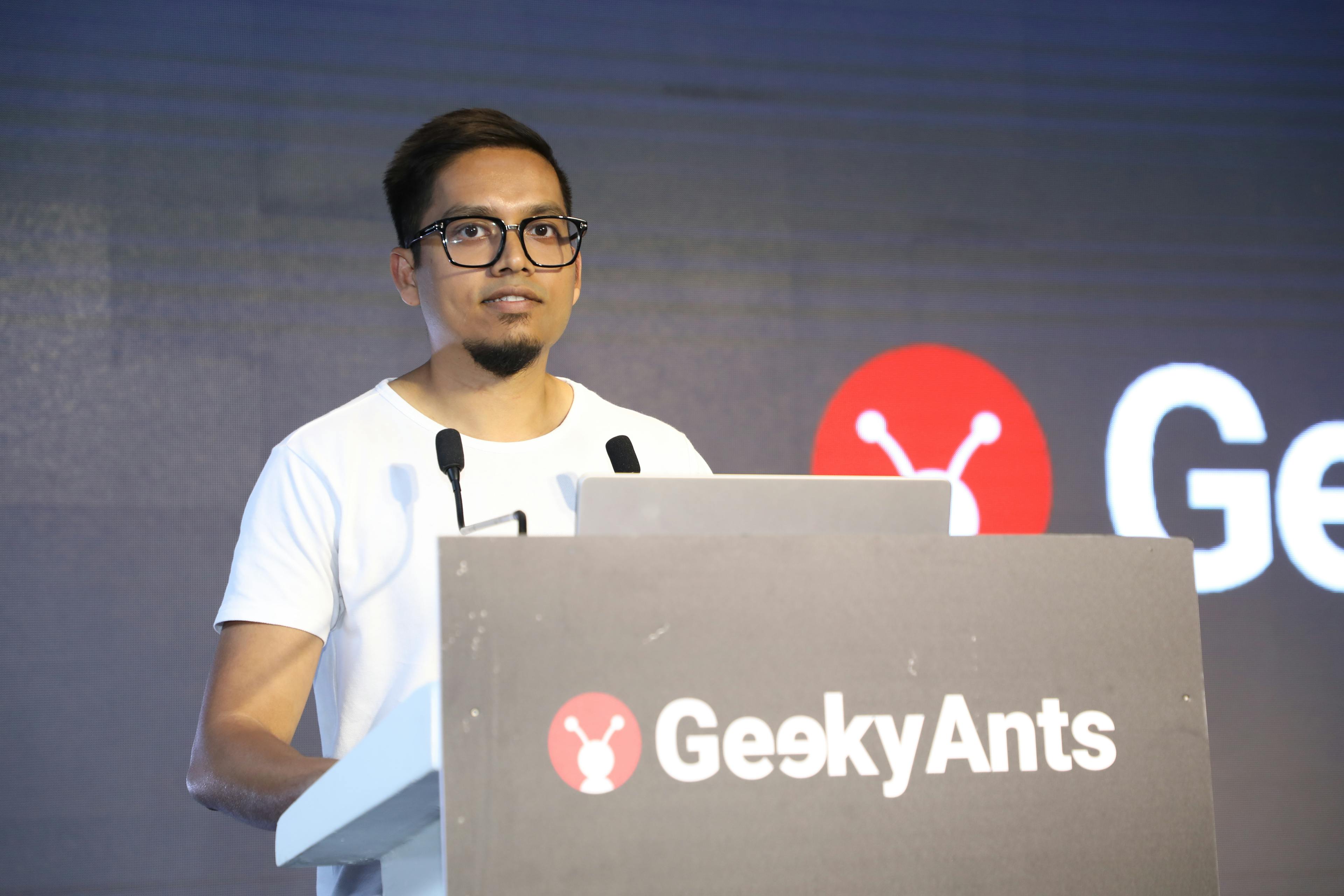 Our Chief Geek, Sanket Sahu, sharing stories on the stage