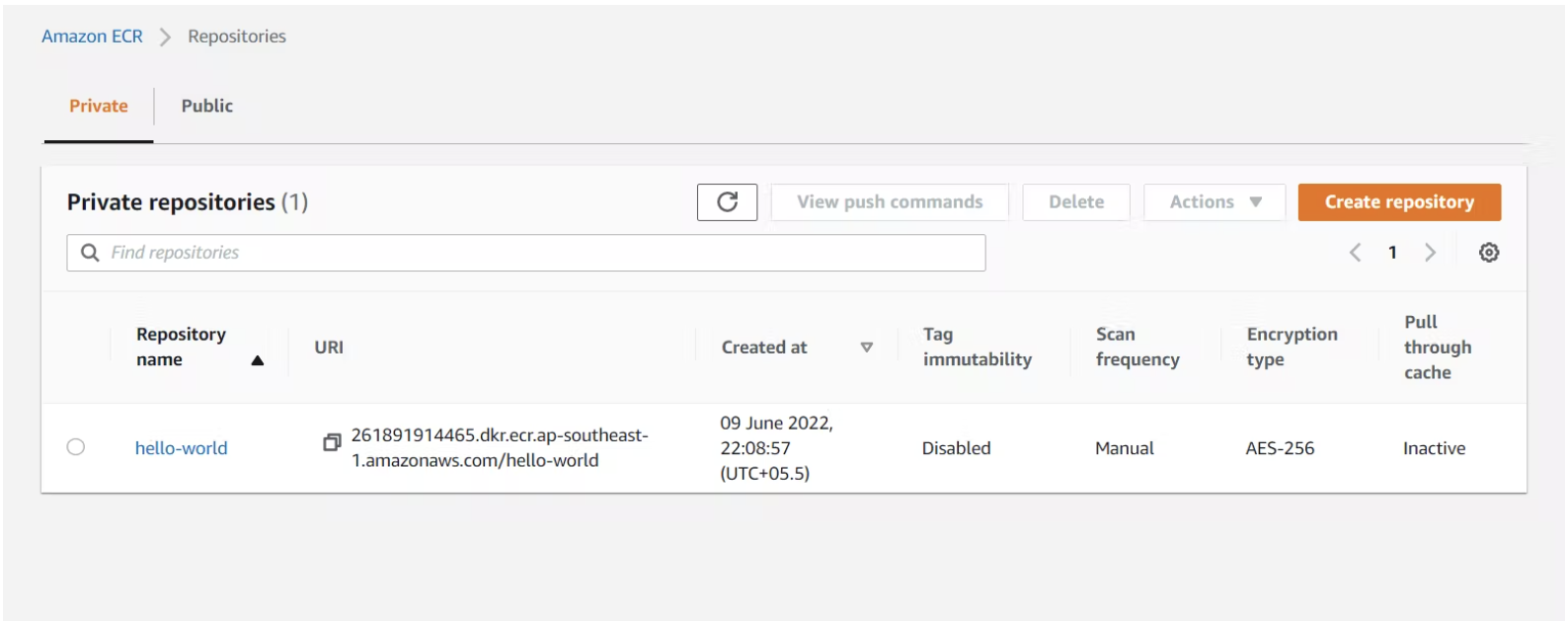 Step 17: Go to AWS Container Registory service, their one repository will be created by the name hello world.