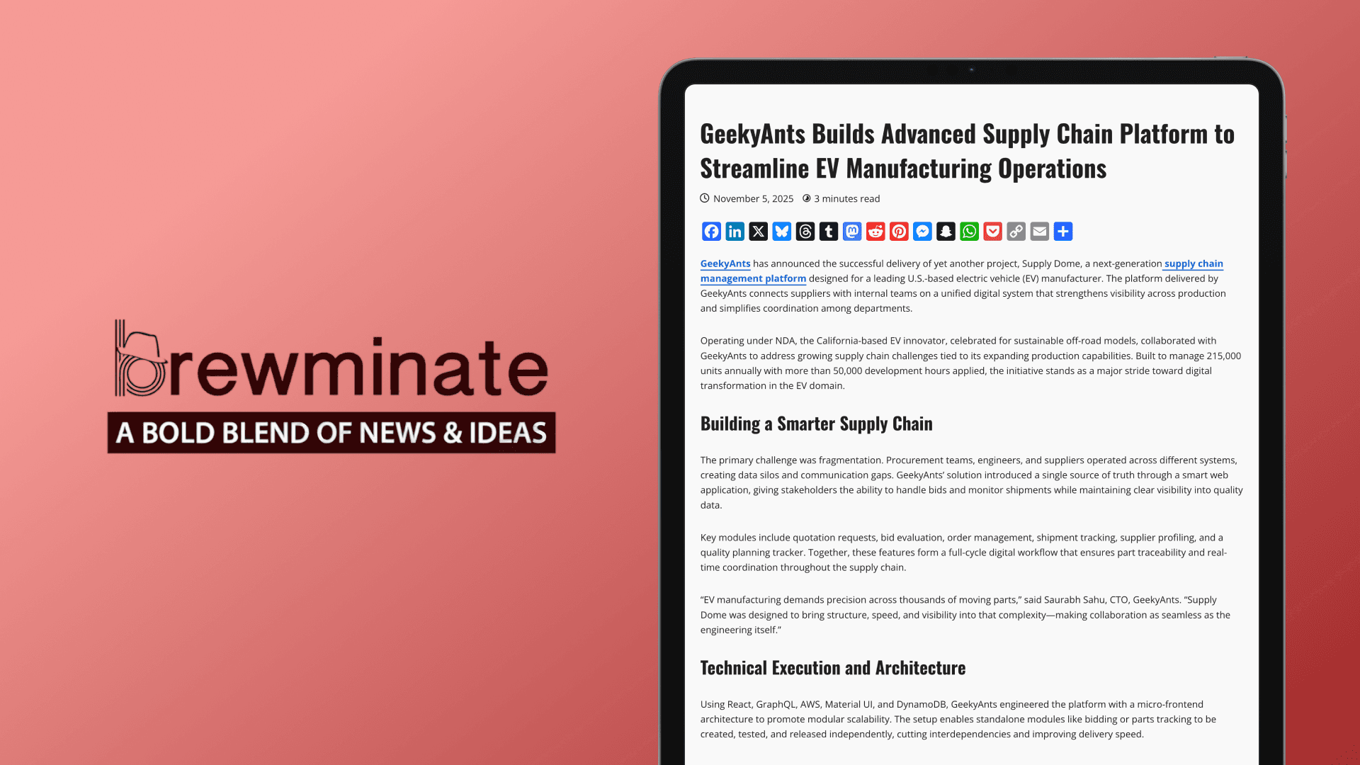 Brewminate Spotlights GeekyAnts' Technical Breakthrough in EV Supply Chain Management